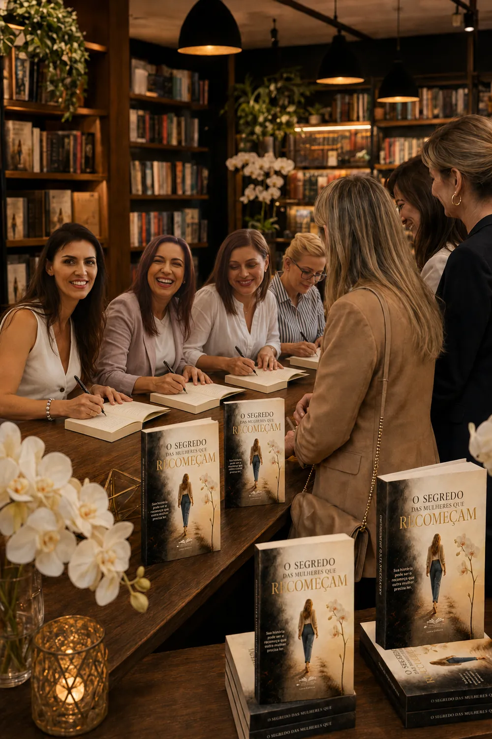 Coautoras autografando o livro em uma noite de autógrafos na livraria